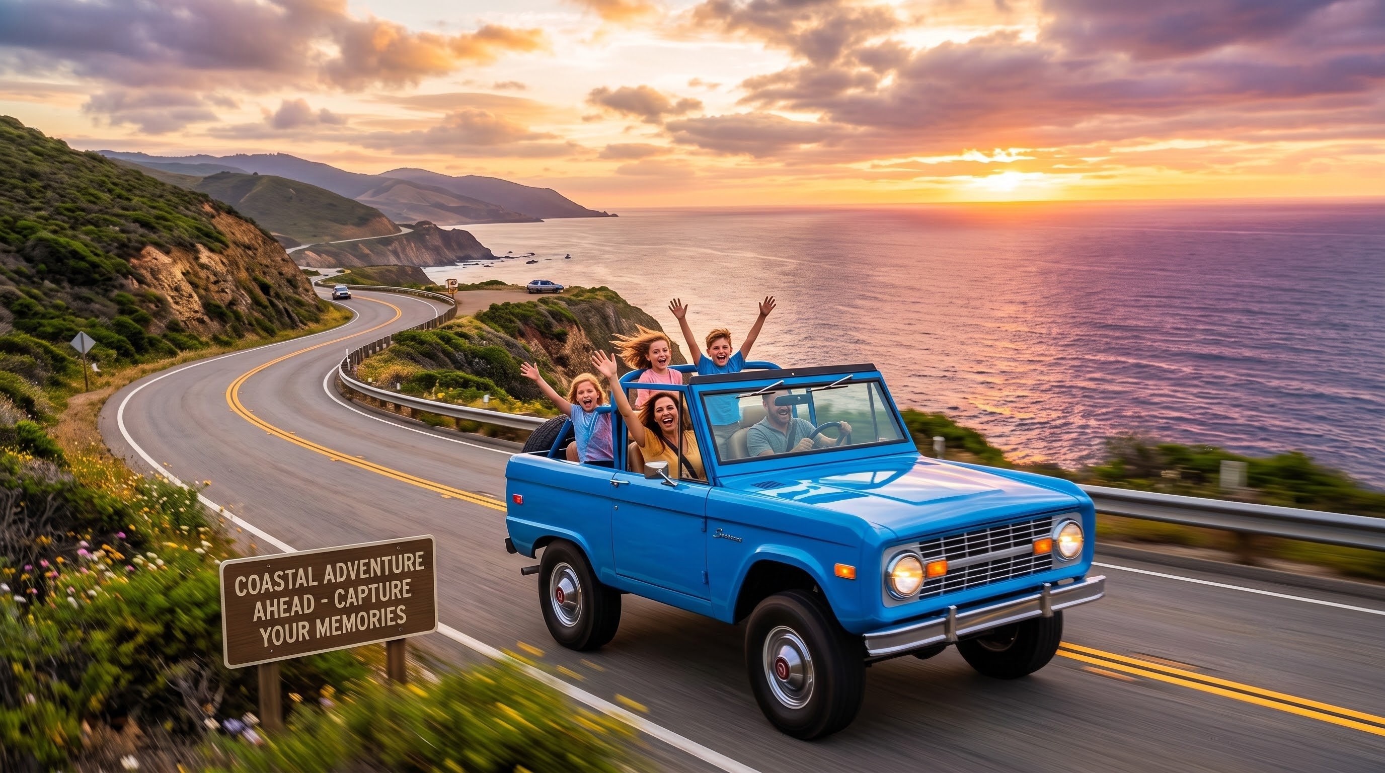 A happy family in a classic blue 4x4, cheering on a winding coastal highway at sunset, with a sign in the foreground